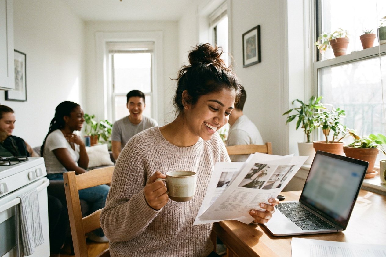 Late evening at a kitchen table: marked sides, a cooling mug, a laptop with an unreadable email; someone stretching away from the table, mid-rehearsal.
